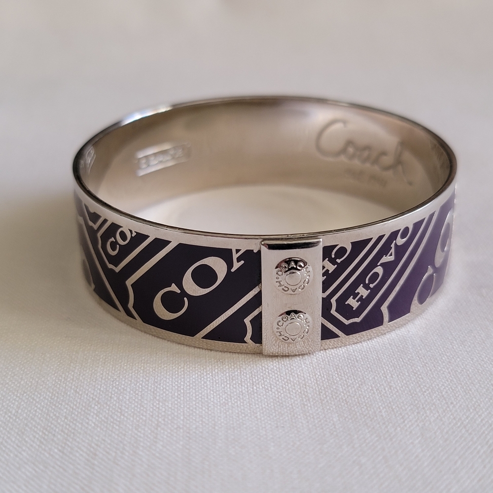 Coach Purple Silver Tone Logo Bangle Bracelet 7.5 Inch Women’s EUC
